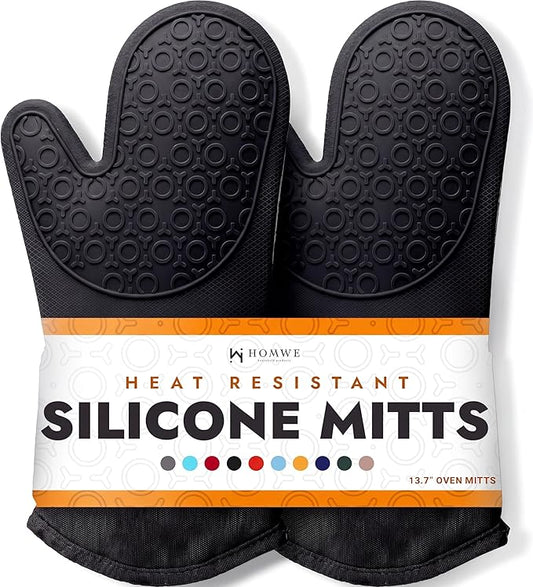 BPA-Free Silicone Oven Mitts Ultra Heat Resistant up to 500°F - Oven Mitts with Thick Cotton Liner - Long Slip Resistant Pot Holders, Flexible Oven Gloves - Black 13.7"