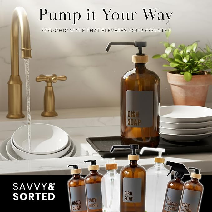 SAVVY & SORTED Amber Glass Dish Soap Dispenser for Kitchen Sink 1 Liter, Large Kitchen Soap Dispenser Set with Permanent Label, Refillable Glass Bottle for Dish Washing Liquid, 34 Fl Oz