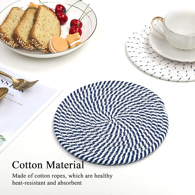 SHACOS 8 Inches Trivets for Hot Dishes, 4 Pieces Cotton Trivets Mats for Kitchen, Hot Pads for Countertops and Table, Heat-Resistant Pot Holders for Hot Pots and Pans(Blue, 4pcs)