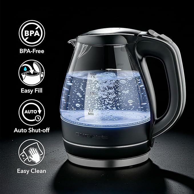 OVENTE Electric Kettle, 1.5L Borosilicate Glass Countertop Water Heater and Boiler for Coffee or Tea, BPA-Free, Auto Shut-Off, Boil-Dry Protection, Removable and Washable Spout Filter, Black KG83B
