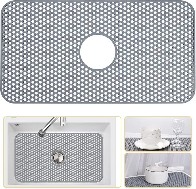 Bestjing Silicone Sink Protectors for Kitchen Sink with Center Drain, 26'' x 14'' Kitchen Protector Accessory, Non-Slip Grid Mat for Bottom of Farmhouse Porcelain Stainless Steel (Center Hole)