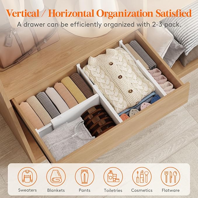 Lifewit 4 Pack 6" High Drawer Dividers 34-56cm/13.5-22" Adjustable Drawer Organizer for Clothes/Utensils, Expandable Drawer Separator in Dresser/Kitchen/Bedroom/Office Organization & Storage White