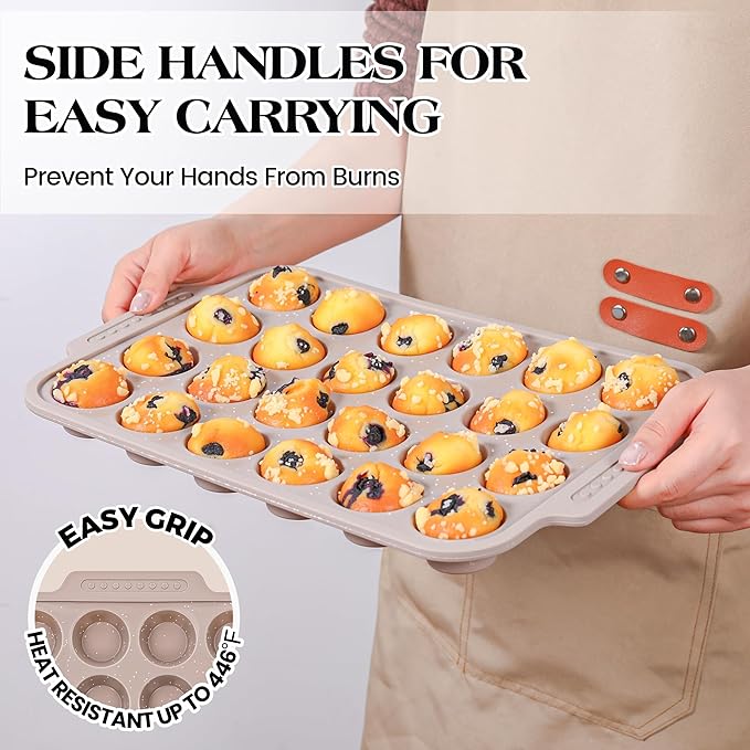 1 Pc Silicone Muffin Pans for Baking with Metal Reinforced Frame, Nonstick Cupcake Tray for Oven, 24 Cups Mini Size Silicone Molds for Egg Bites, Dishwasher Safe (Brown)