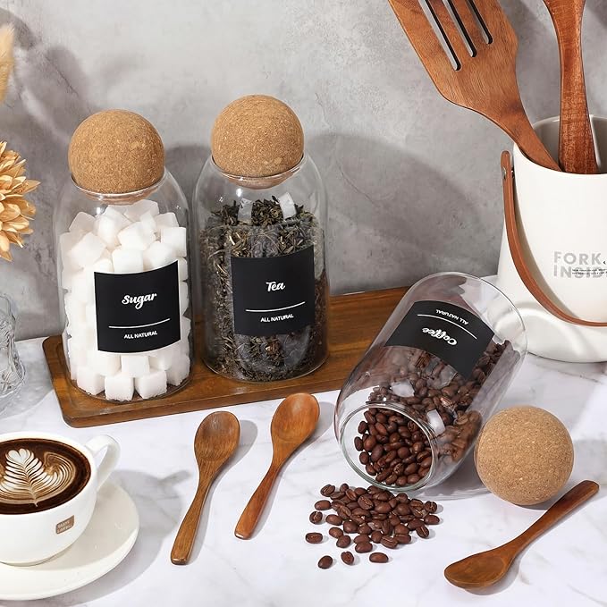 Suclain 3 Pcs Glass Coffee Storage Jar with Ball Cork Lid Wooden Spoon Shelf Labels Airtight Round Bottle Jar Food Storage Canister Set for Sugar Spice Coffee Bean Holder Candy Gift(27oz)