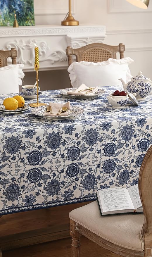 patdrea Designer Vintage Blue Rectangle Tablecloth,Linen Anti-Wrinkle Paisley Pattern Farmhouse Extra Long Table Cloth,Decor Cover for Kitchen Dining,Christmas,Thanksgiving,63"x110"-Lantang a