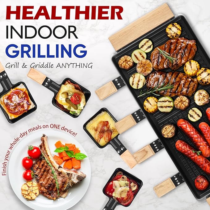 Raclette Table Grill, CUSIMAX Electric Indoor Grill, Korean BBQ Grill with Removable 2 in 1 Non-Stick Grill Plate, 8 Cheese Pans & Wooden Spatulas, Ideal for Parties, Wooden Base New Model