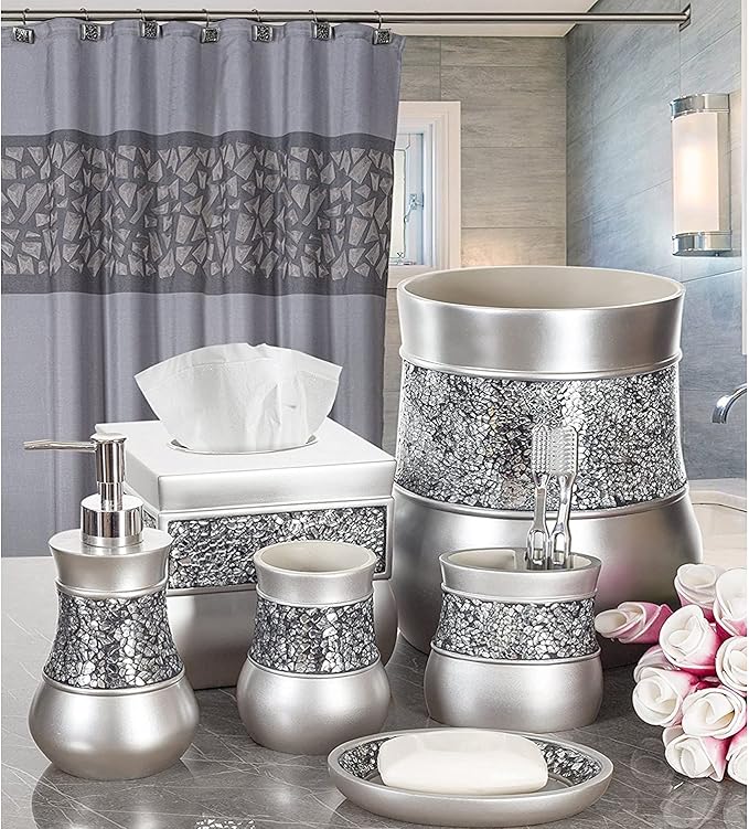 Creative Scents Crackled Glass Silver Tissue Box Cover Square - Decorative Tissue Box Holder - Tissue Holder Vessel for Bathroom with Durable Bottom Slider, Elegant Home or Bathroom Decor