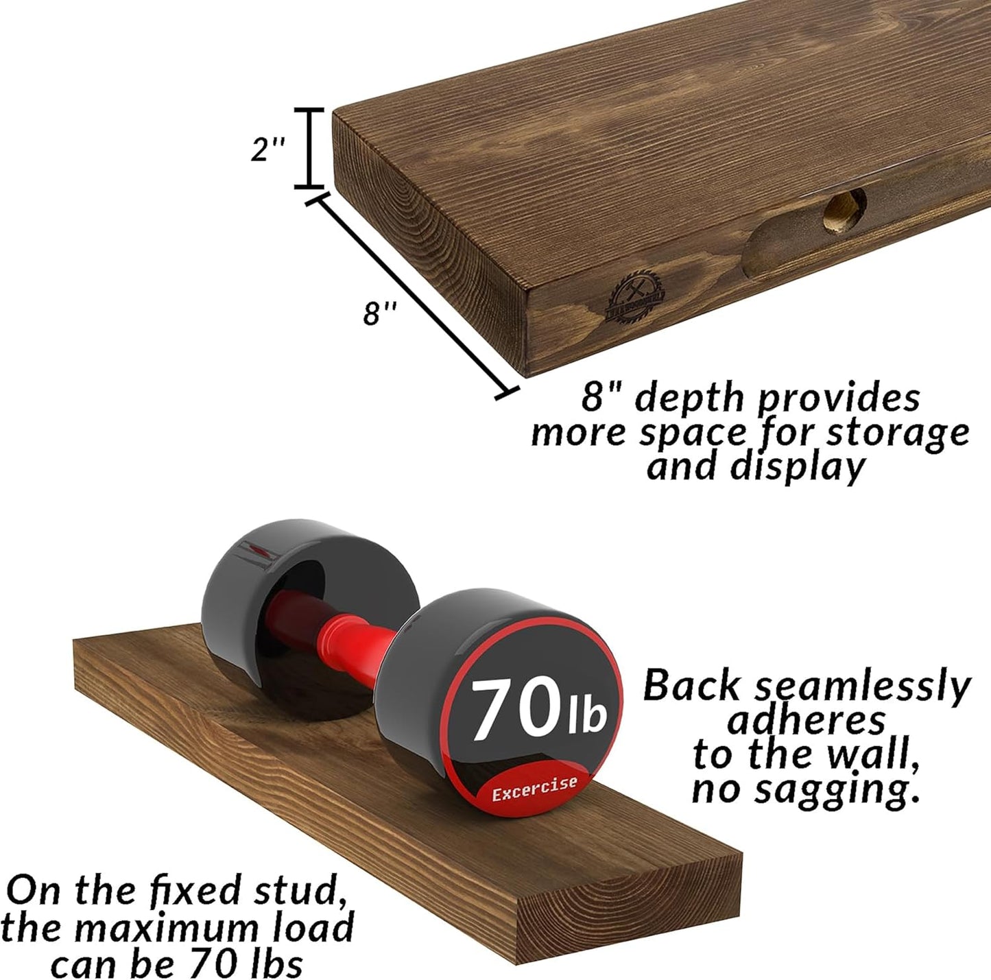 Rustic Floating Shelves 60 inch Long 8 "deep Set of 2, Heavy Duty Wood Wall Mounted Shelves for Bathroom Living Room Kitchen,Book Shelves with Thickened Hidden Bracket- Walnut
