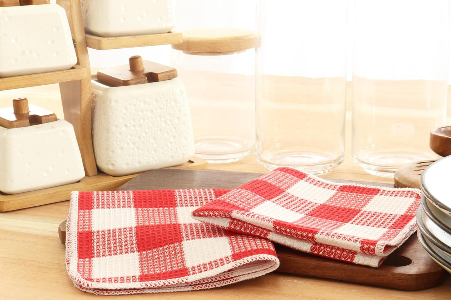 PurpleEssences Waffle Weave Plaid Dish Cloths, 100% Cotton - 12 x 12 Inches, Ultra Soft Absorbent Quick Drying Dish Towels Buffalo Check Dish Rags for Kitchen, 6 Pack - Spring Summer - Red and White