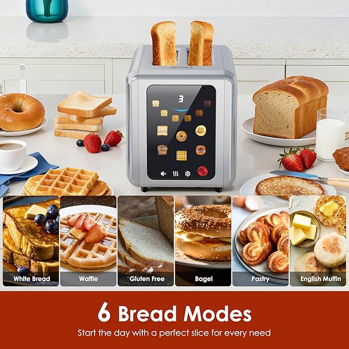 WHALL Touch Screen Toaster 2 Slice, 1.5'' Extra Wide Slot Smart Toaster with Digital Timer, 6 Bread Types & 6 Shade Settings, Crumb Tray, Reheat/Defrost, Stainless Steel Bread Toasters, Silver
