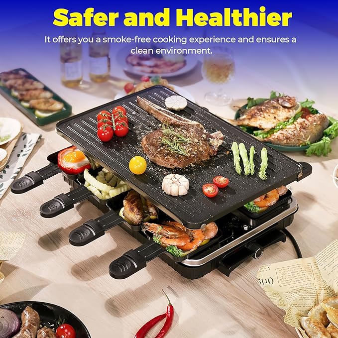 Raclette Grill, Raclette for 8 People, 1300W Electric Grill with 1 Reversible Non-stick Grill Pan & 8 Mini Raclette Cheese Pans & 1 Wooden Spatula, for Indoor Family Barbecue & Party