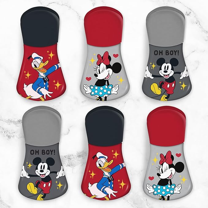 Disney Magnetic Chip Clips – Set of 6 Bag Clips for Food Storage - Mickey, Minnie, Lilo & Stitch, Winnie The Pooh – Durable Airtight Bag Chip Clips for Pantry & Fridge Use