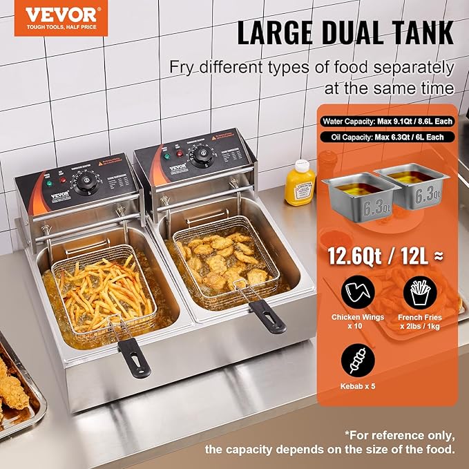 VEVOR Commercial Deep Fryer, Dual Tank 3000W Electric Countertop Fryer with Basket, 2 x 9.1Qt/8.6L Double Stainless Steel Oil Fryer, with Temp Control & Overheat Protection, for Kitchen Restaurant Use