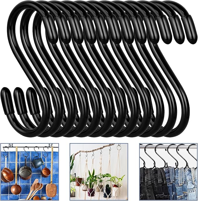 Vinyl Coated S Hook, Hanging Plants,Non Slip,Small Rubber Coated Steel Metal Black Closet S Hook for Hanging Jeans Plants Jewelry Pot Pan Cups Towels (12, 3 Inch+Black + Vinyl Coating)