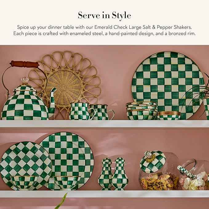 MACKENZIE-CHILDS Enamel Salt and Pepper Shakers, Kitchen Table Spice Shaker Set, Green-and-White Emerald Check, Large