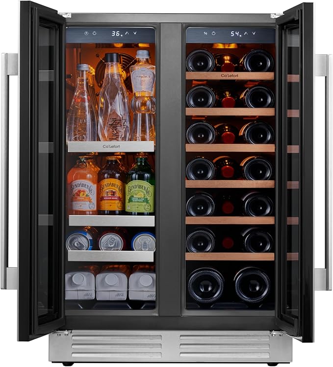 Ca'Lefort 24 Inch Wine and Beverage Refrigerator, 60 Can and 20 Bottle Wine Fridge 36-72°F, 3 LED Dual Zone Wine Cooler with Glass Door, Built-in Compressor Refrigerator for Home/Kitchen (4.10 cu.ft)