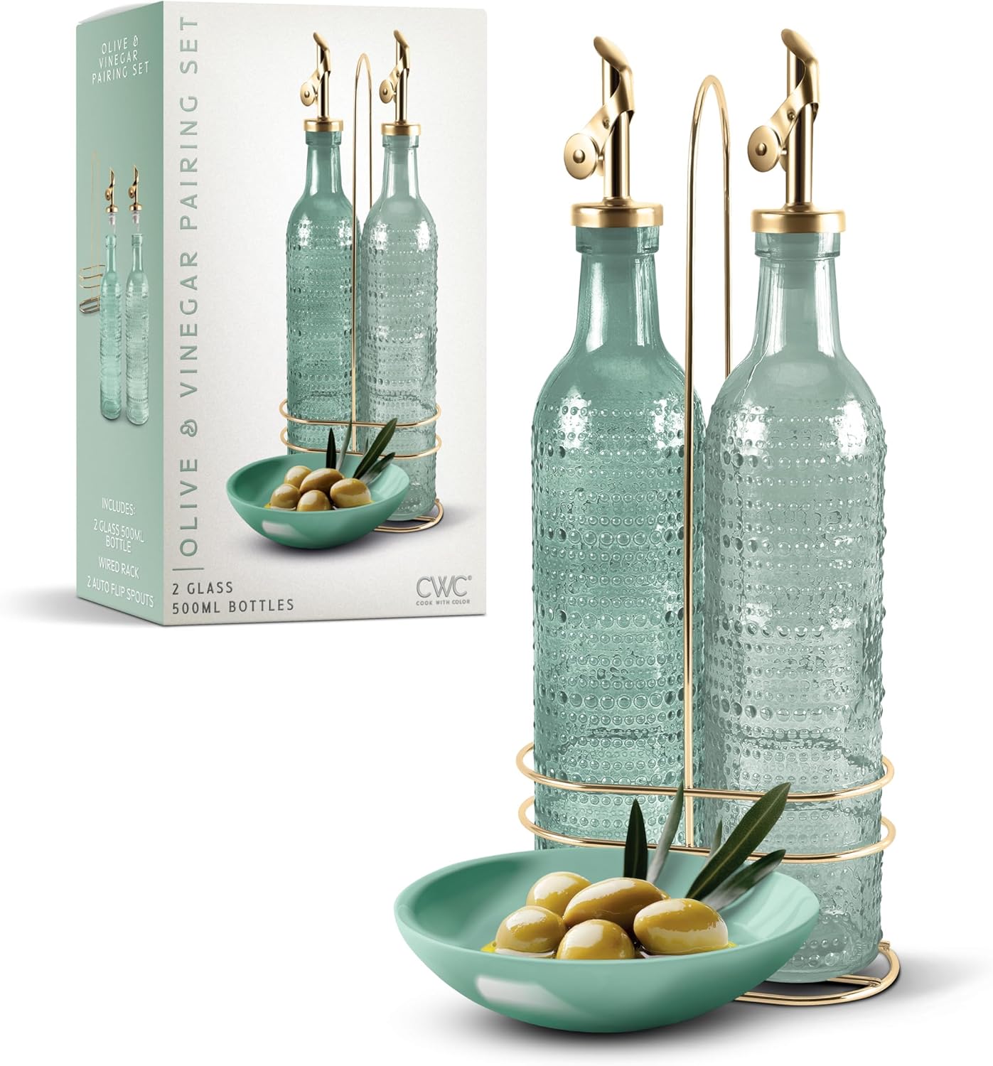 COOK WITH COLOR Glass Olive Oil Bottle Dispenser - 2 Pack- 17oz Oil and Vinegar Cruet - Olive Oil Carafe Decanter for Kitchen