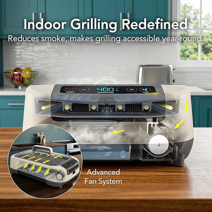 OVENTE Smokeless Indoor Grill, 1500W Electric Portable Korean BBQ Grill with One-Touch Control, LED Smart Display, Tempered Glass Lid, Two Removable Non-Stick and Dishwasher Safe Plates, White SGR85W
