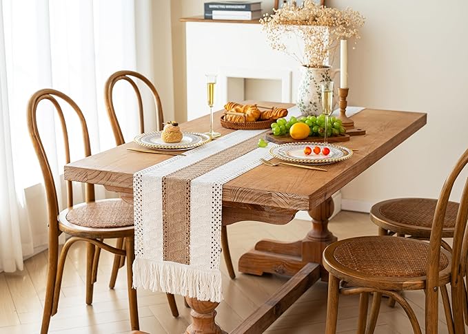 FEXIA Boho Table Runner for Spring Home Decor with Tassels 72 Inches Long Farmhouse Rustic Table Runner Macrame Burlap Table Decoration for Kitchen Living Room Bridal Shower(12x72 Inches)