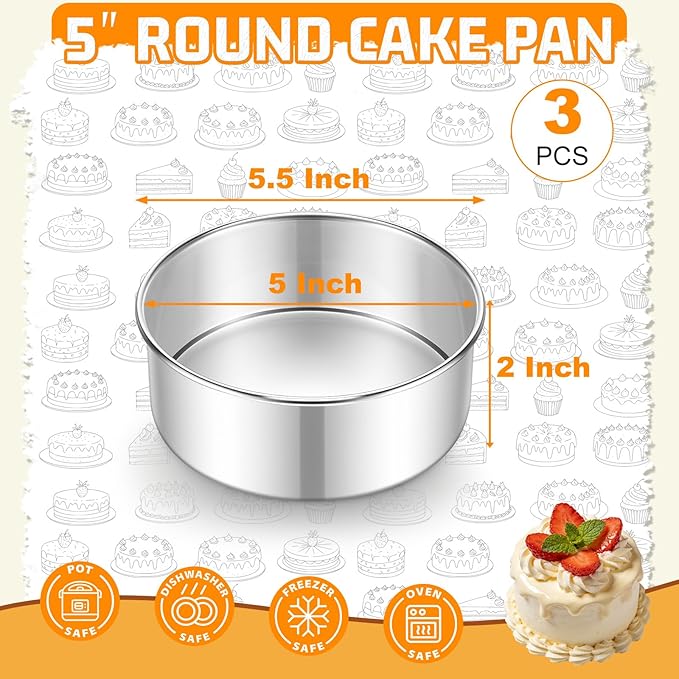 E-far 5 Inch Cake Pan Set of 3, Stainless Steel Small Round Baking Pans Tins for Layer Smash Birthday Cakes, Dishwasher & Oven Safe, Healthy & Non-toxic, Leak Proof & Mirror Polished
