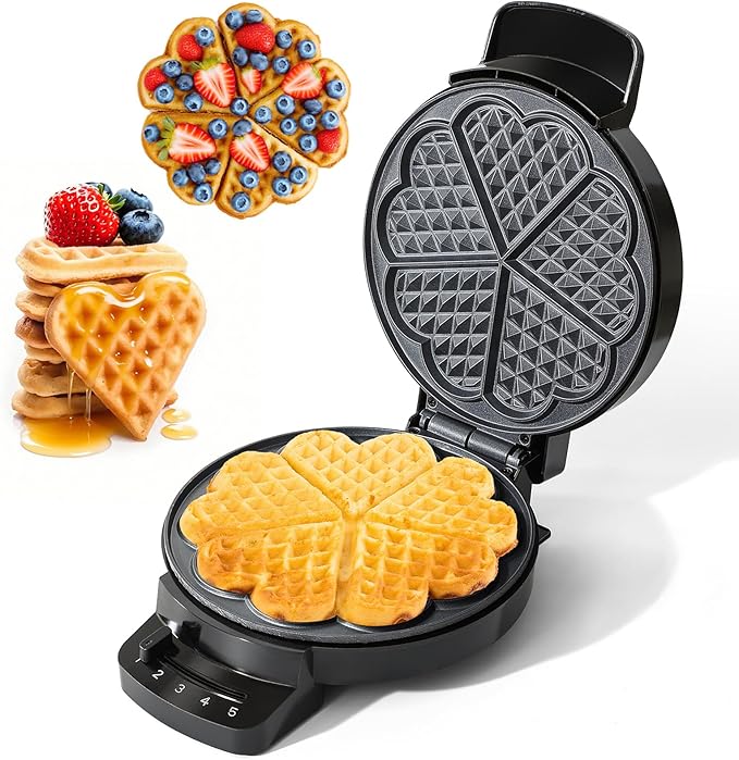 UVFAST Heart Waffle Maker, Heart Shaped Waffle Iron 5 Slices, Mini Waffle Makers with 8'' Non-stick Plates, Adjustable 5 Browning Control, Cool Touch Handle, Easy to Clean, Valentine's Day Gift, 1000W