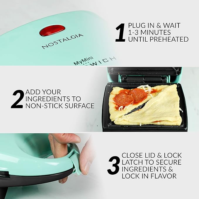 Nostalgia MyMini Personal Sandwich Maker, Nonstick Panini Press, Pizza Pockets, Quesadillas, Mint Green