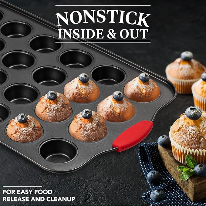 Tiawudi Mini Muffin Pan, 24 Cavity Cupcake Pan, Nonstick Baking Pan, Heavy Duty Small Muffin Tin with Silicone Grip Handles
