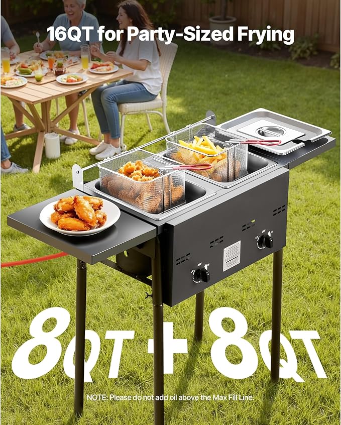VEVOR Outdoor Propane Deep Fryer, Double Burners Commercial Fryer, 16 Qt Stainless Steel Cooker with Removable Baskets & Lids & Tanks, Oil Fryer Cart with Thermometer & Regulator, For Outdoor Cooking