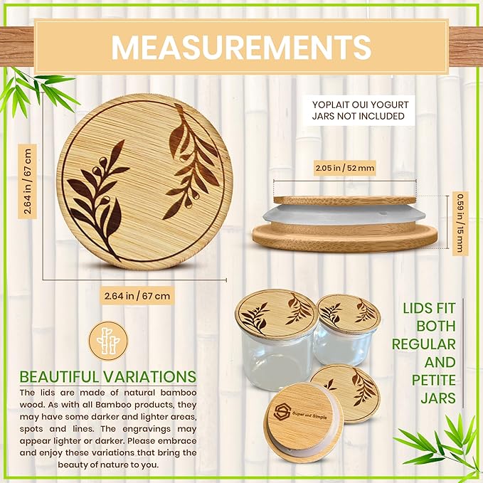 Oui Yogurt Jar Lids Bamboo Olive Branches – 24 Pack Airtight Reusable Oui Jar Covers with Silicone Seal – Oui Yogurt Jar Lids Wood for Yogurt Jars – Includes Chalkboard Labels & Storage Bag