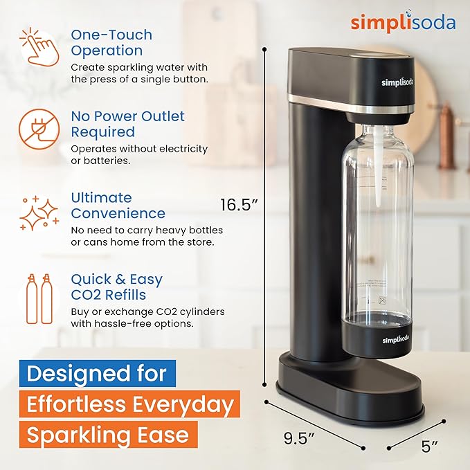 Simpli Soda BLÜ Sparkling Water Maker, Premium Soda Streaming Machine, Carbonated Water Machine and Soda Maker - Black (Machine + 1 CO2 Cylinder)