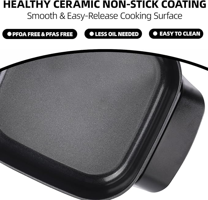 8" Electric Skillet with PFAS-Free Non-Stick Ceramic Coating, Removable Electric Frying Pan with Adjustable Temperature, Reversible Design, Tempered Glass Lid, Black