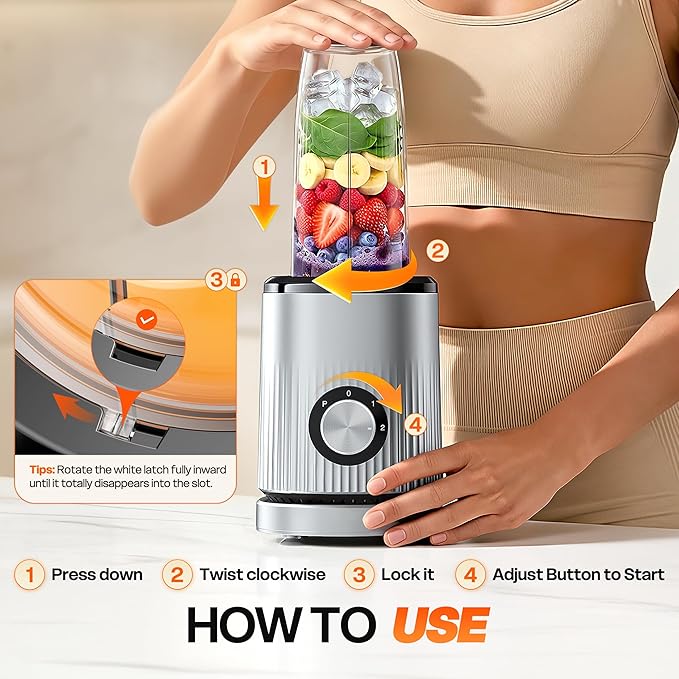 Turelar Blender for Smoothies Portable Personal Blender for Shakes and Smoothies for Kitchen with 2 * 24oz Portable Cups and Extra Lid, Smoothie Maker Machine for Juices, Baby Food, Nutritious Recipe