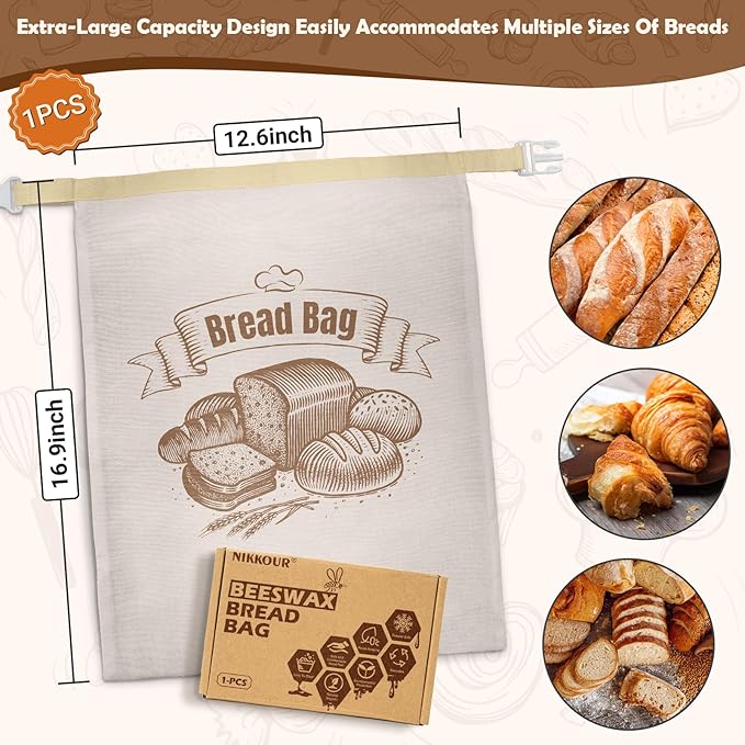 Cotton Beeswax Bread Bag(1Pack) Reusable Double-Lock Freezer Safe for Homemade Sourdough Bread Food Storage Gifts for Sourdough Bakers (Pattern 2)