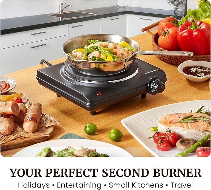 Elite Gourmet Countertop Electric Burner, 1000W Cast Iron Hot Plate, 7 Heat Settings, Portable Cooktop for RV, Dorm, Office & Small Kitchens, Road-Ready & Compact