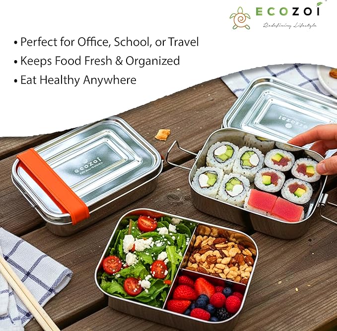 ecozoi Stainless Steel Lunch Box – 2 Tier Bento Box with Bonus Pod & 3 Compartments – Leak Proof Stainless Steel Lunch Box – Plastic Free, Eco Friendly, Dishwasher Safe, 60 oz