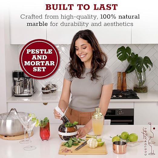 Gusto Nostro Natural Marble Mortar and Pestle Set | 5 Inch - 2.5 Cup Large Mortar Pestle Set for Grinding Herbs, Nuts, Grains | Pesto Grinding and Guacamole Stone Bowl | Marble Spice Crusher