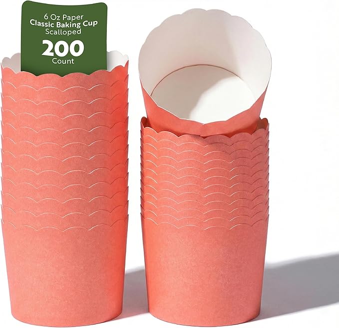 Restaurantware Baking Cups 200 Pack of 6 oz Paper Cupcake Liners Greaseproof Scalloped Oven-Safe Elegant Dessert Muffin Cups Disposable for Parties