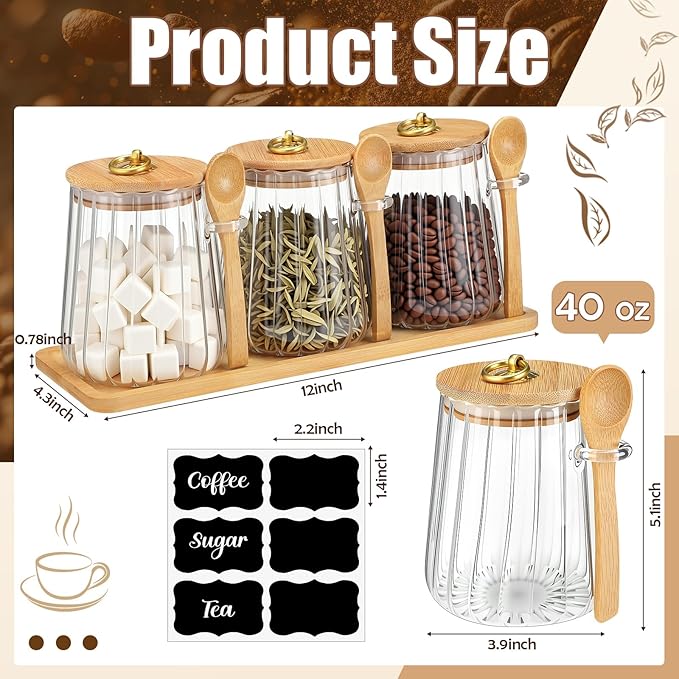Suclain 3 Pcs Glass Coffee Container with Wooden Lid Spoon Shelf Labels Airtight Sugar Canister Set with Metal Handle Clear Jar Food Storage for Spice Coffee Bean Powder Housewarming Gift (Conical)