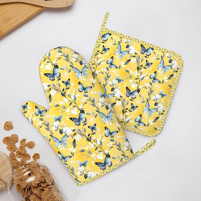 Oven Mitts and Pot Holders Watercolor Pastel Butterfly Flower Silicone Kitchen Accessories Set of 4 Heat Resistant Long Gloves Potholder Non-Slip Grip for Chef Cooking Baking Grilling BBQ