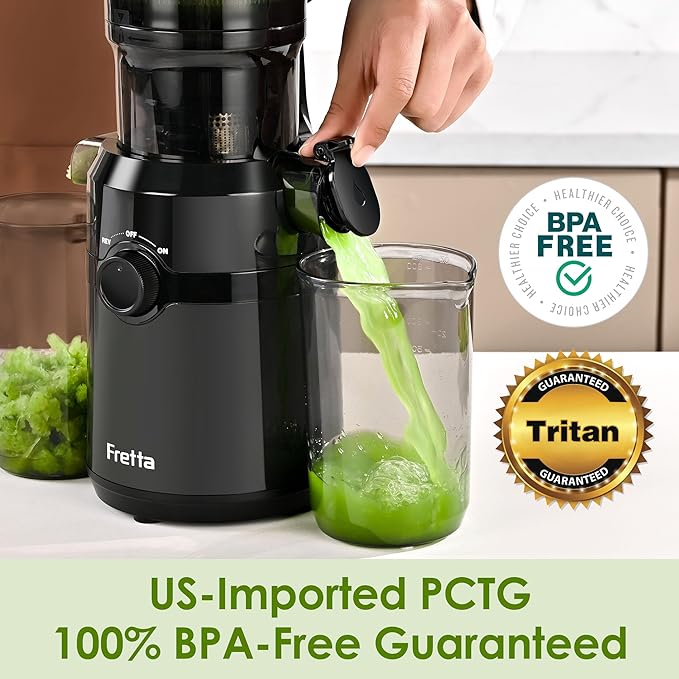 Juicer Machines,Fretta Cold Press Juicer with Large Feed Chute,Fit Whole Fruits & Vegetables,High Juice Yield,BPA-Free,PCTG Material from US (Polished Silver, 1.0 L)