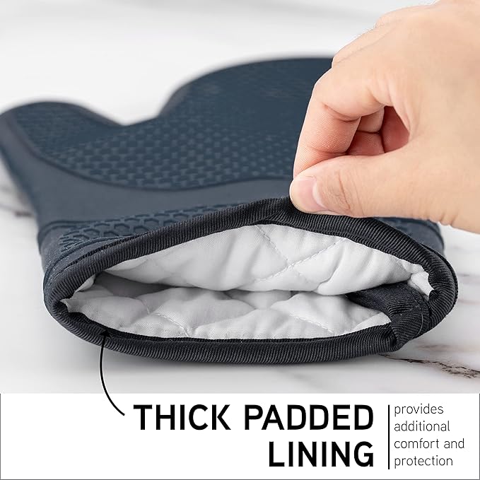 COOK WITH COLOR Silicone Oven Mitts- Heat Resistant Gloves with Soft Quilted Lining Oven Mitt Pot Holders for Cooking and BBQ, Black, Mitt Set