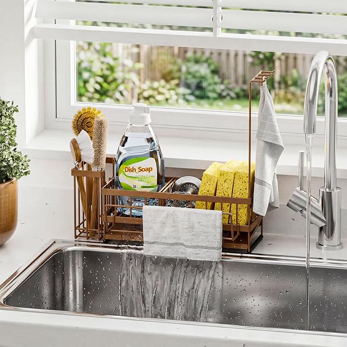 Sponge Holder for Kitchen Sink – Rustproof Stainless Steel with Detachable Drainboard, Brush Rack & Towel Bar | Compact, Non-Slip Design for Countertop Bathroom