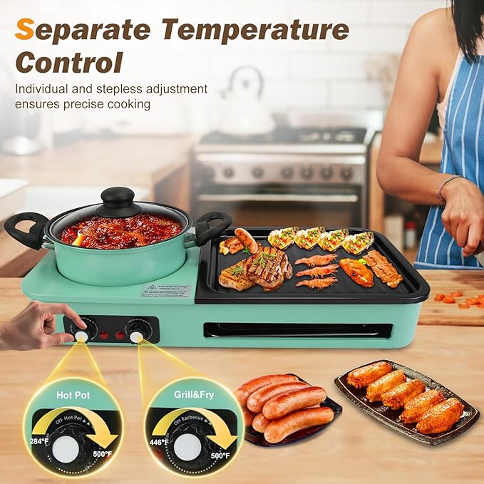 Hot Pot Electric with Grill, 1600W 3 in 1 Smokeless Non-Stick Barbecue Shabu Hot Pot with Dual Temp Control, Multifunctional Teppanyaki Grill Pot, Shabu Korean BBQ for 3-5 People