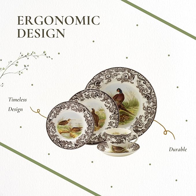 Spode Woodland 5-Piece Thanksgiving Dinnerware Set - Porcelain Plates & Teacup and Saucer, Fall Dinnerware Collection - Microwave & Dishwasher Safe - Elegant Autumn Tableware