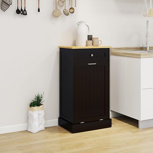 Wooden Simple Style Kitchen Cabinet, Wooden Frame with Drawers and Tilt-Out Trash Cabinet for 10 Gallon Trash Cans - 19.69'' W x 13.78'' D x 35.43'' H (Black-021)