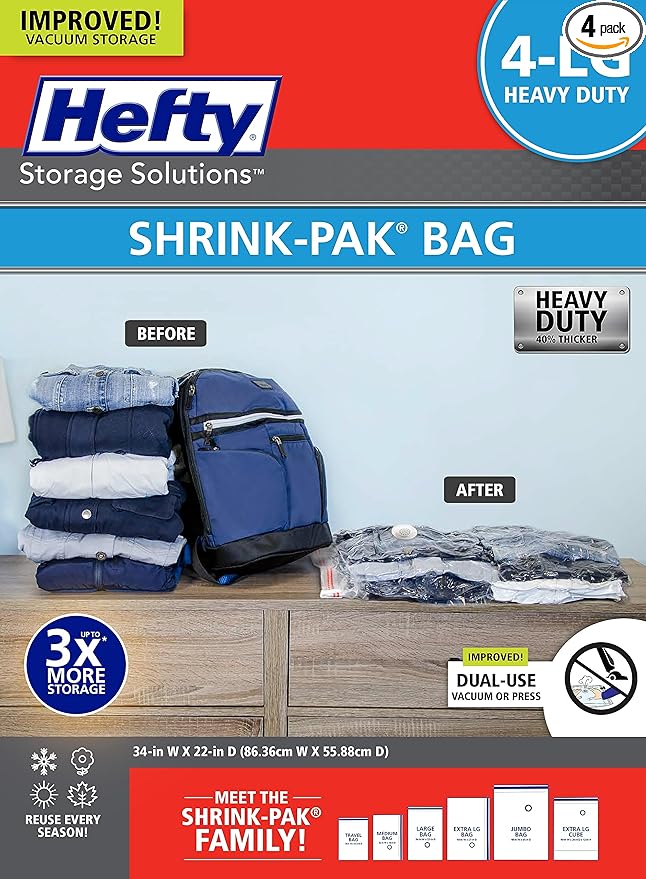 Hefty Vacuum Bags for Clothes 4 Pack, Space Saving Large Vacuum Storage Bags (34 X 22 Inches) Compression Seal for Bedding, Travel Pump Included (4 Large Heavy Duty)