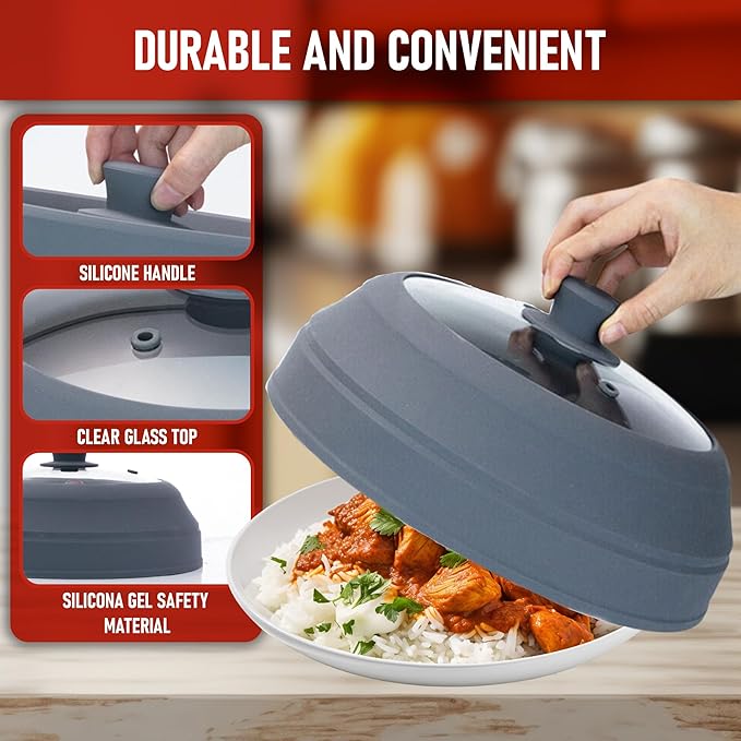 Javson Microwave Splatter Cover Glass for Food - Large 10.8" Tempered Glass & Silicone Lid, Heat Resistant, Splatter Guard with Easy-Grip Handle