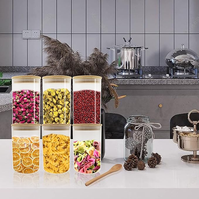 VIKEYHOME Glass Pantry Storage Containers, 27oz (6 Pack) Borosilicate Glass Food Jars with Airtight Bamboo Lids, 800ml Jar with 6 pcs Wooden Spoons