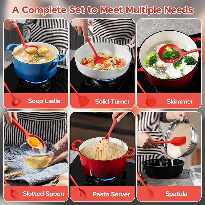 Onader Silicone Cooking Utensils Set, Red Kitchen Utensils 6 Pcs Set, Heat Resistant Kitchen Tool Kit, Nonstick Cookware Friendly & Non Toxic