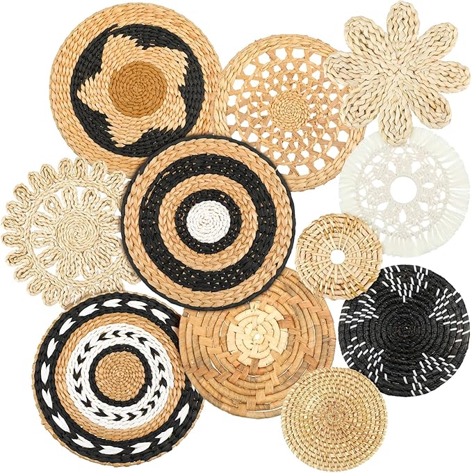 Tatuo 11 Pcs Boho Wall Basket Decor Bulrush Woven Wall Hanging Art Round Farmhouse Rustic Handmade Wicker for Summer Home, Bedroom, Living Room, Kitchen Decorations, Multi Sizes(Retro)
